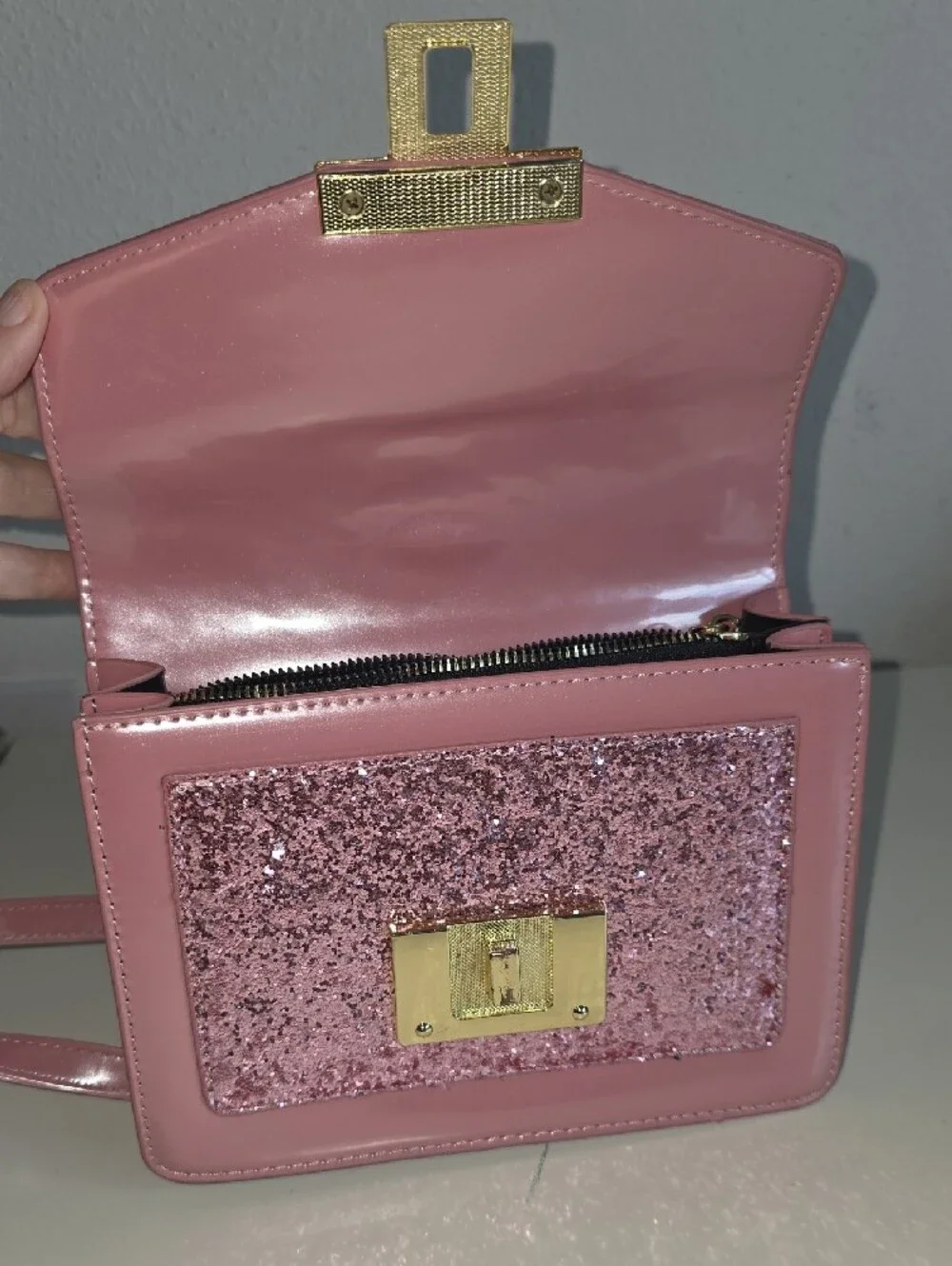 Pink Glitter Top-Handle Crossbody Bag
